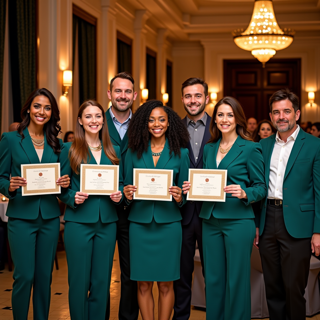 Scholarship recipients and board members celebrating at the annual awards ceremony, with students holding certificates and diplomas, showcasing diversity and achievement in an elegant venue decorated with the foundation's teal and gold colors