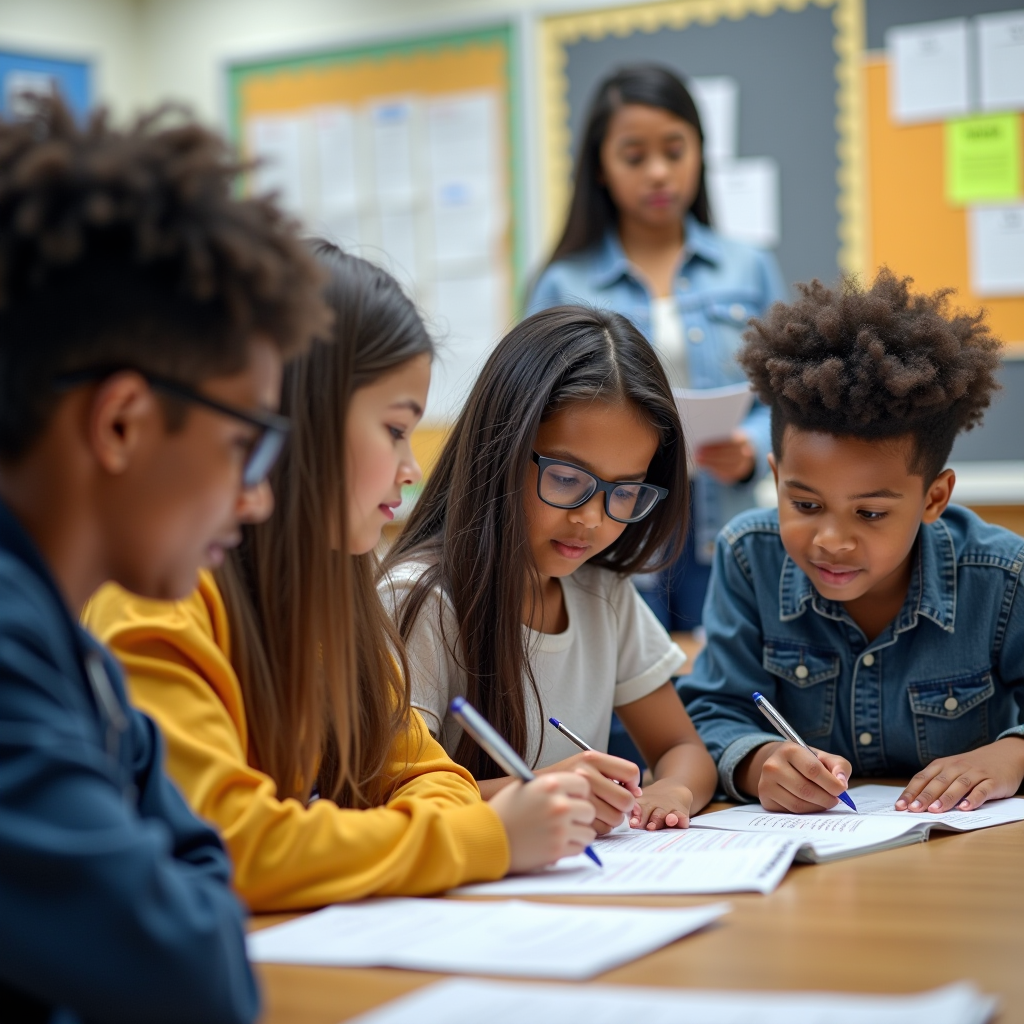 Diverse group of high school students studying together in a bright classroom with SAT preparation materials, volunteer tutor providing guidance in the background