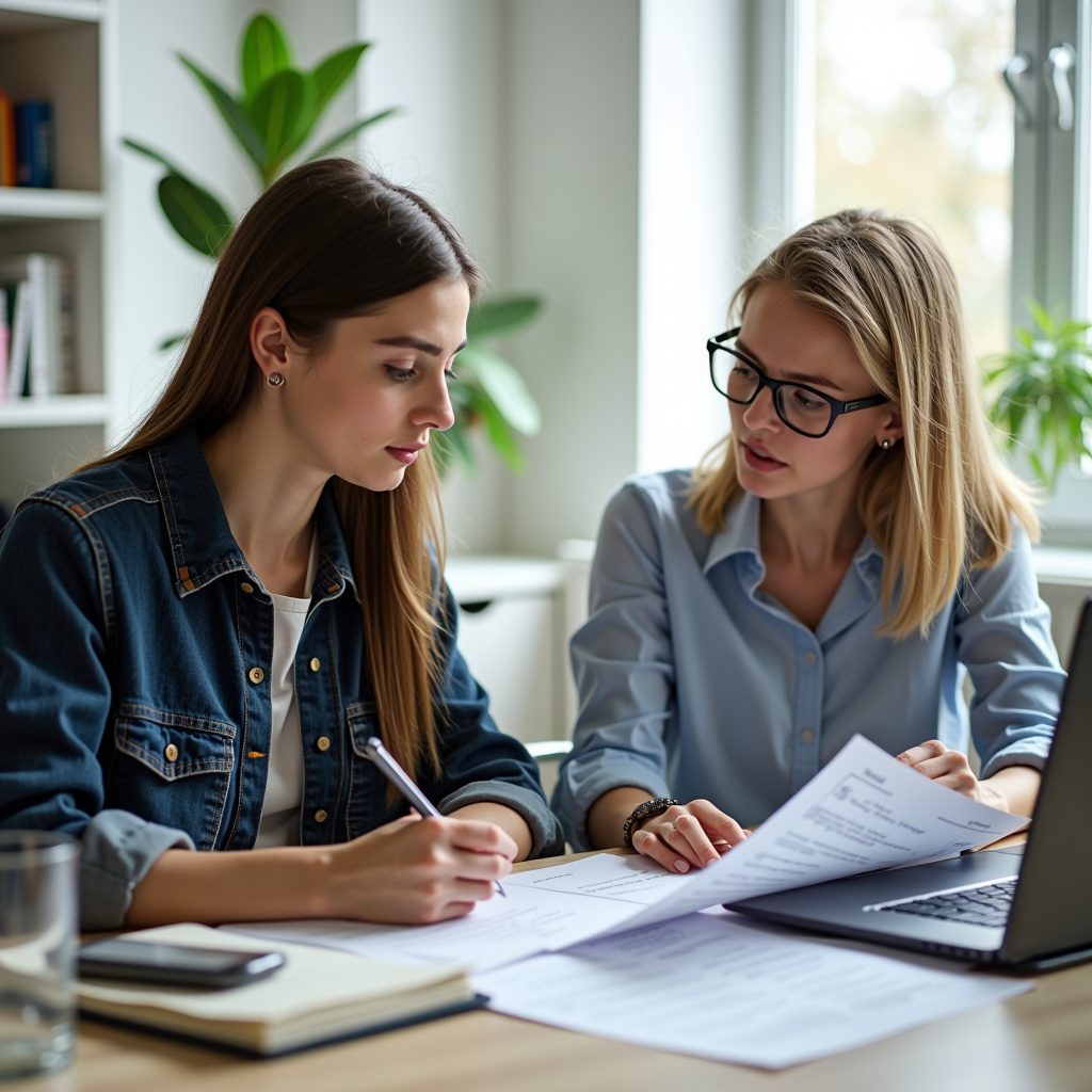 Educational advisor working one-on-one with a student at a desk, reviewing scholarship application documents and personal statement drafts in a bright, welcoming office environment