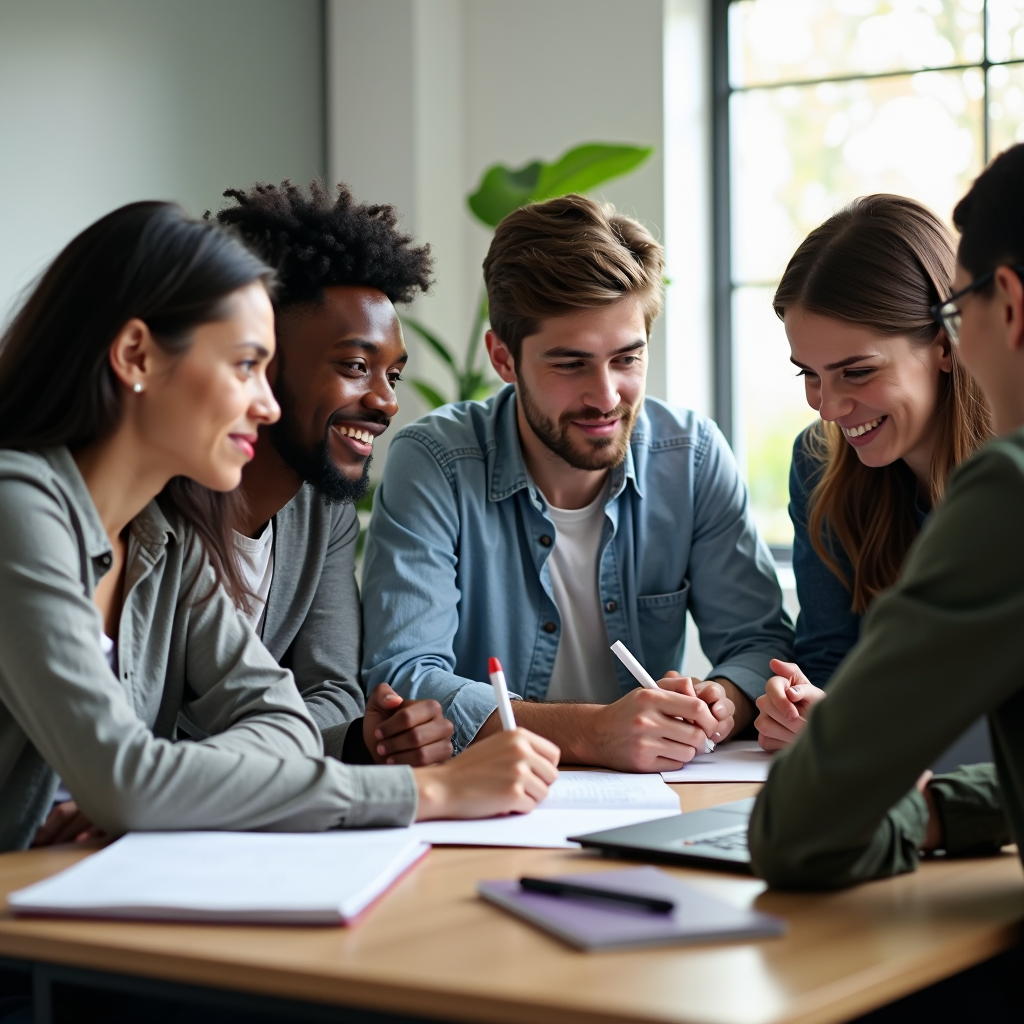 Diverse group of high school and college students collaborating at a table with laptops, notebooks, and scholarship application materials, with an advisor providing guidance in a bright, modern educational setting