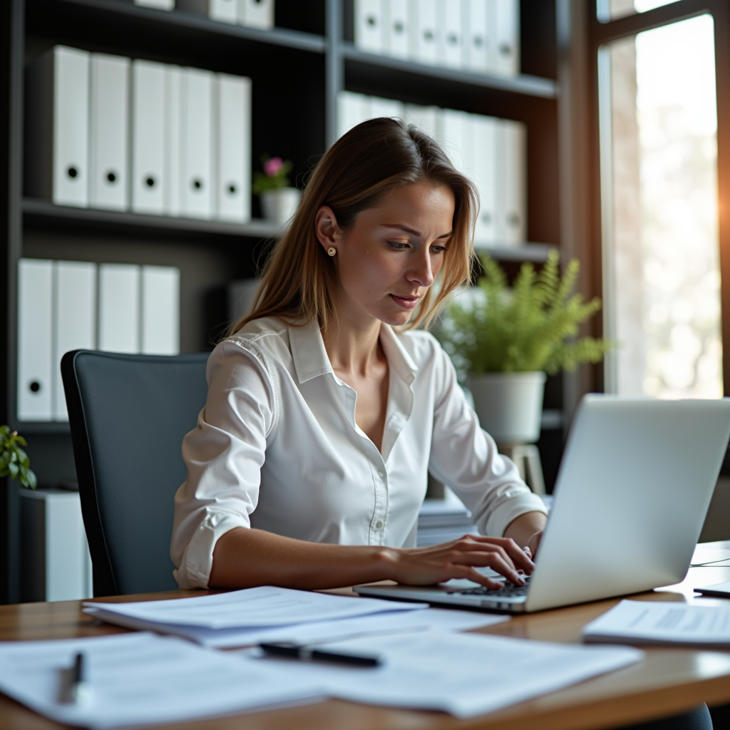 Professional grant writer working at desk with laptop, reviewing educational funding proposals and documentation, surrounded by organized files and research materials in a modern office setting with natural lighting