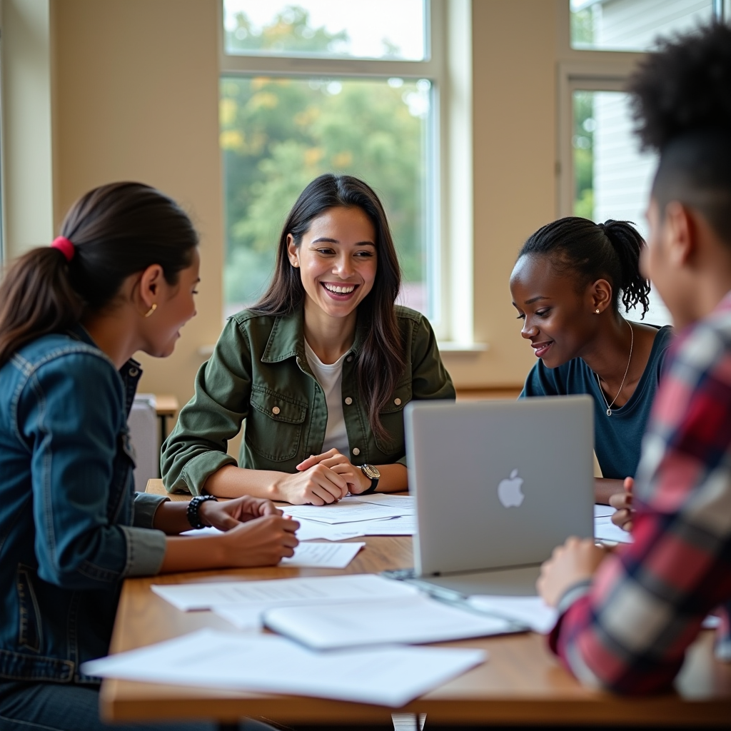 Financial aid counselor working with a diverse group of parents and students at a workshop table, reviewing FAFSA forms and financial documents, with laptops and educational materials spread across the table in a bright, welcoming community center setting