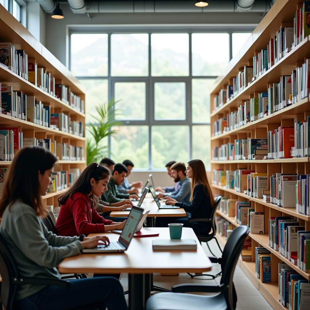 Modern educational resource library with students using computers and studying at tables, bright natural lighting, organized bookshelves filled with college guides and scholarship materials, collaborative study spaces, and digital learning stations