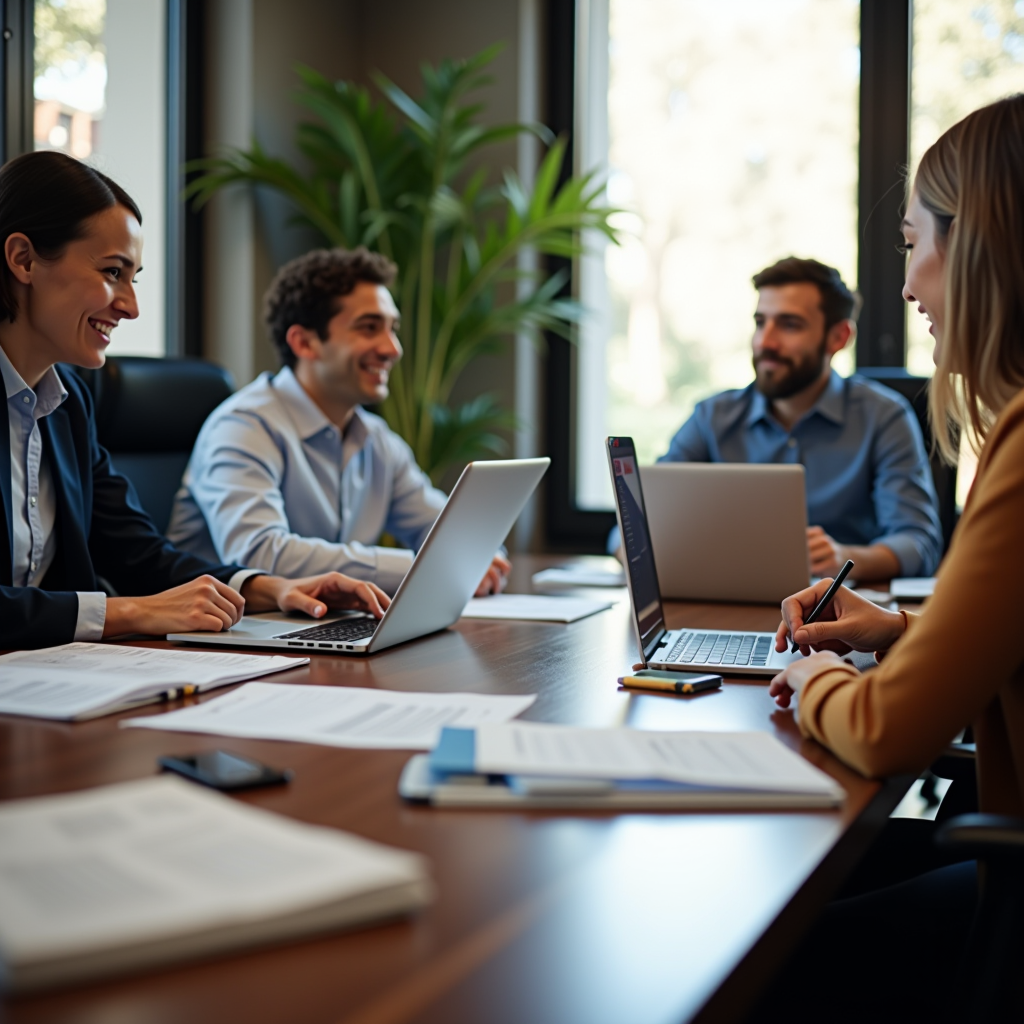 Professional grant writers collaborating at a conference table with laptops and documents, developing funding proposals for educational programs and community initiatives