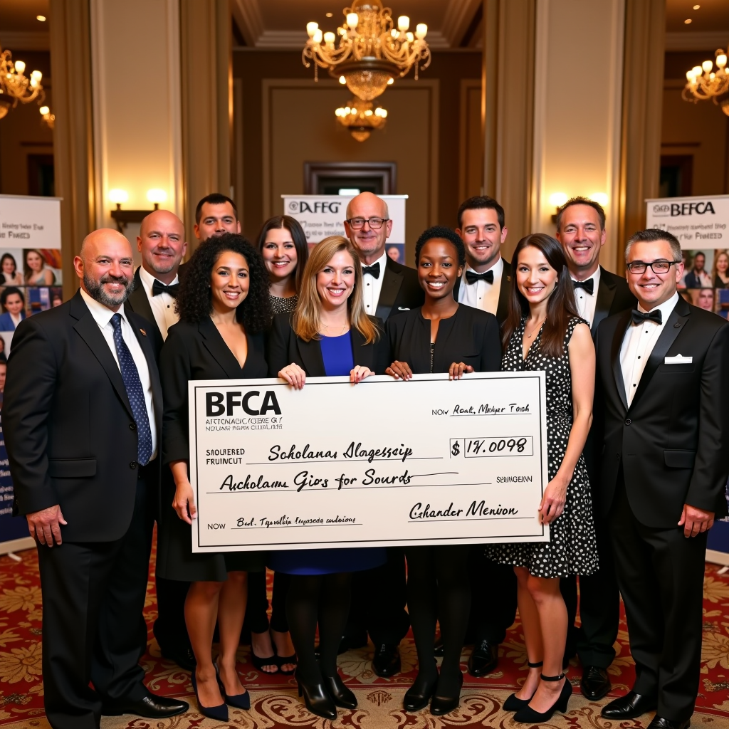 Diverse group of board members and scholarship recipients celebrating together at fundraising gala event, holding oversized ceremonial check, elegant venue with banners showing scholarship statistics and success stories, warm professional photography
