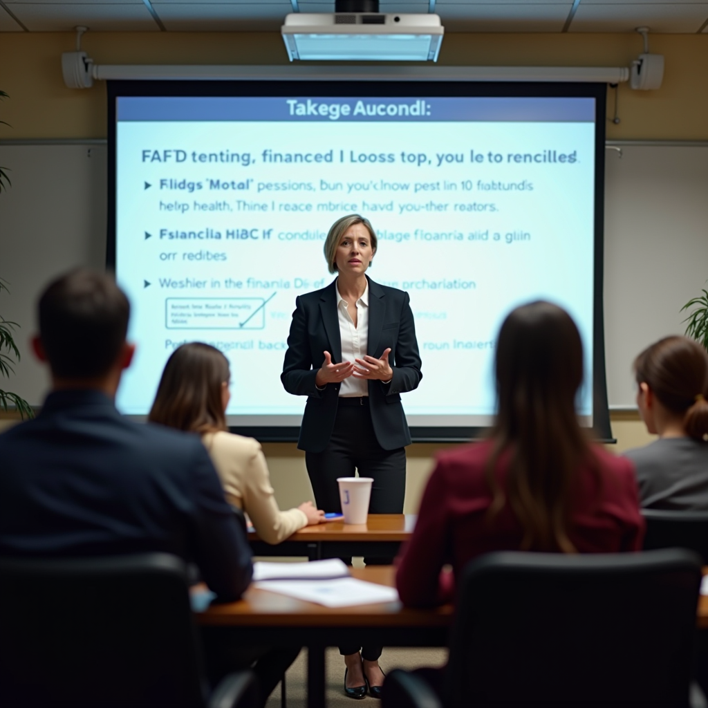 Financial aid counselor leading a workshop for families, explaining FAFSA forms and financial aid packages on a large screen in a community center classroom setting