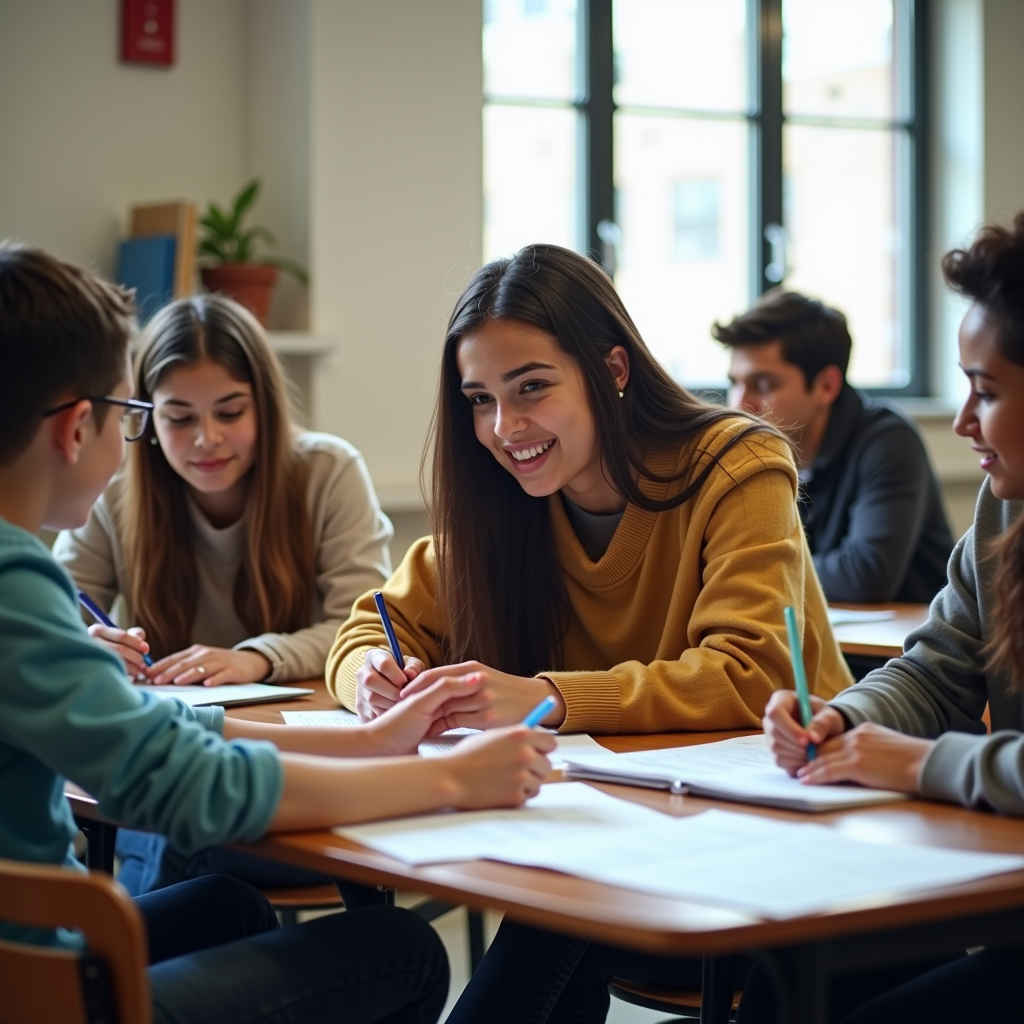 Diverse group of high school students studying together with volunteer tutors in bright classroom, SAT prep materials and practice tests on desks, collaborative learning environment, encouraging and supportive atmosphere, educational photography
