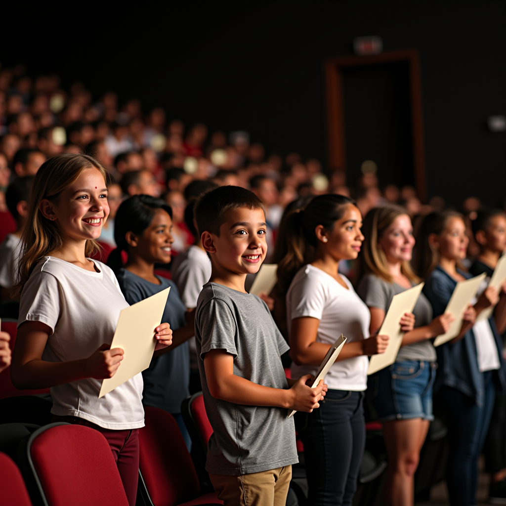 Scholarship award ceremony with students receiving certificates and checks, celebrating academic excellence and community leadership achievements in an auditorium setting